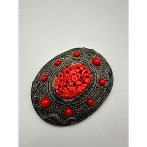Vintage cinnabar Style Brooch - 1940s Double Dragon Design